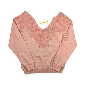 Francesca's Jun & Ivy Sweater  Womens S  Pink Off Shoulder Lace Trim V-Neck Top